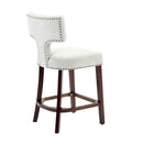 Mid Century Modern Counter Height Bar Stools Set of 2, Farmhouse Linen Fabric Upholstered Accent Chair Curved Backrest with Copper Nails around,Kitchen Chairs with Hardwood Frame, Beige