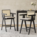 27' Height, Cream Grey Woven Cane Plastic Backrest Bar Stool - Foam-Padded Fabric Seat & Durable Rubberwood Frame