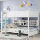 Queen Over Queen Bunk Bed with Built-in Storage Cabinets,Charging Station,Ladder,Safety Guardrails,Solid Pine Wood Bunk Bed,White