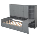Twin Size Wooden Daybed With Three Drawers, and All-in-One Cabinet, Desk and Shelves, Gray