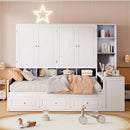 Full Size Wooden Daybed With Three Drawers, and All-in-One Cabinet, Desk and Shelves, White