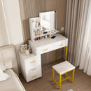 Elegant Makeup Vanity with LED Lights & Power Outlet in White, MDF with Metal Legs, Includes Chair