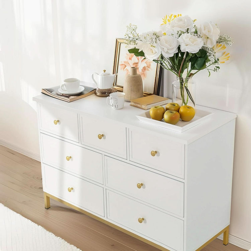 White 47 Inch 7 Drawer Dresser With Deep Drawers Storage
