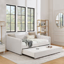 Full Size Daybed with Trundle Upholstered Sofa Bed, with Vertical Stripes, Linen Fabric, Beige (82.5'x58'x30')