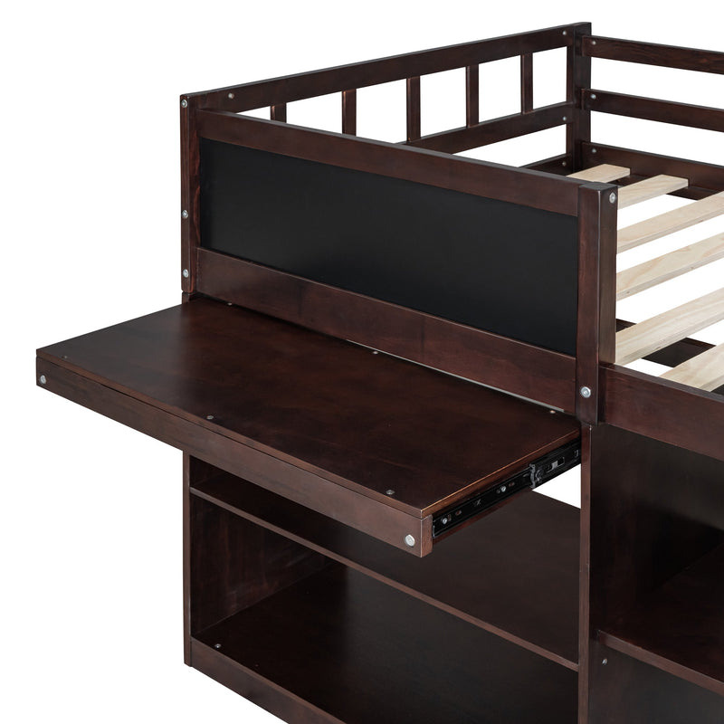 Twin Size Low Loft Bed with Rolling Desk, Shelf and Drawers - Espresso