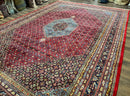 Indo Persian Bidjar Rug 10x14, Red and Dark Blue, Herati Mahi Pattern, Vintage