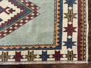 Turkish Kazak Rug 4x6, Geometric Medallion, Caucasian Design Rug, Semi Antique Vintage, Mint Green Maroon Ivory