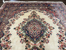 Persian Rug 9x10, Hamadan Rug, Antique Oriental Carpet, Wool Rug, Semi Open Field, Cream and Navy Blue, Kirman Design Hand Knotted Almost Square Rug