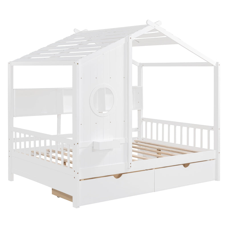 Wooden Full Size House Bed with 2 Drawers,Kids Bed with Storage Shelf, White