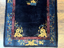 Antique Chinese Peking Rug 3x6, Dark Blue, Bird Motif, Handmade Wool Art Deco Asian Oriental Carpet, Pair A