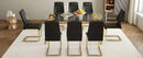 Table and chair set.71 * 35.4 inch rectangular dining table.Tempered Glass Tabletop,Golden 7-shaped Metal Table Legs.Paried With 8 Black High-quality PU Chairs With Arched Metal Legs.W1151S03301