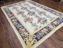 Vintage Chinese Floral Needlepoint Area Rug 6x9, Wool Hand-Woven Handmade Flatweave Rug, Ivory & Purple, Fruits Grapes Apples, Dining Room