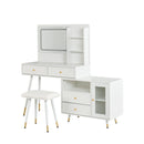 Modern Makeup Vanity Desk with Mirror and Lights, Retractable Dressing Table with Drawers and Cabinet, Compact Makeup Table Set with Power Outlet for Bedroom, White