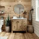 Round Wood Wall Mirror 24 Inch Shatterproof Glass Mounted