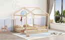 Double Twin House-Style Floor Bed with Fence, Guardrails, without door, Natural(Old Sku:W504P143318)
