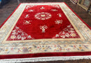 Chinese Wool Rug 8.6 x 11, Red and Beige Asian Oriental Carpet, Plush Pile, Vintage Handmade Chinese Carving Sculpted Rug, Semi Open Field