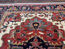 Persian Heriz Serapi Rug 8 x 10.6, Geometric Medallion, Great Colors, Rare, Red Navy Blue Ivory