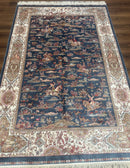 Turkish Silk Rug 5x8, Hunting Design, Animal Pictorials, Steel Blue & Ivory, Bamboo Silk