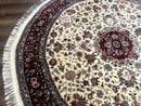 Round Sino Persian Rug 8x8, Wool and Silk, Floral Medallion, Ivory Dark Red