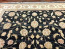 Indo Persian Rug 10x14, Charcoal and Beige, Floral Allover, Handmade Vintage Wool Carpet
