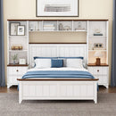 Solid Pine Wood Platform Bed with All-In-One 2 Nightstand Bookcase and Storage Shelf for Bedroom Apartment,Guest Room,Full, White+Walnut