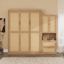 Full Size Solid Wood With Rattan Murphy Bed Cabinet Space-Saving Bed with 1 Side Cabinet Storage Shelf, Perfect for Guest Room, for Bed Room, Guest Room, Home Office, Natural