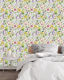 Fashionable Meadow Flowers on White Wallpaper Vogue