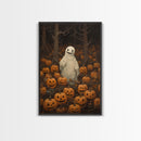 Fall Omens - Spooky Ghost In A Pumpkin Patch, Halloween Decor, Fall Art, Framed Canvas Print, Spooky Halloween Decor