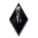 "Death in a Suit" Skeleton in Business Attire Canvas Embossed Print, Dark Academia Diamond Shaped Art for Gothic Office or Halloween Wall Decor