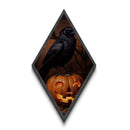 "Cackle Lantern" Gothic Crow and Glowing Jack-O'-Lantern Canvas Embossed Print, Diamond Shaped Art for Dark Halloween and Autumn Vibes