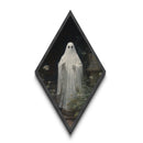 Ghost in Gothic Garden Diamond Shaped Art Canvas Embossed Print – Dark Halloween Home Decor, Victorian Haunted Aesthetic