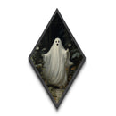 Canvas Embossed Print of a cheerful Halloween ghost among Victorian flora, a perfect gothic accent in diamond shaped art format