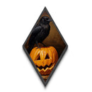 Midnight crow guarding carved pumpkin Canvas Art Print in Diamond Shaped Art with moody gothic ambiance and Halloween spirit