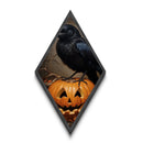 Creepy crow on heart-eyed jack-o-lantern Diamond Shaped Art Canvas Embossed Print with spooky season charm and gothic whimsy