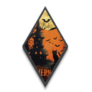 Black cat and jack-o-lantern tower Canvas Embossed Print with full moon, spooky trees, and Diamond Shaped Art Halloween vibe