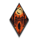 Haunted forest gate with bats and hunter Canvas Art Print in Diamond Shaped Art format with gothic Halloween orange atmosphere