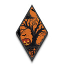 Grinning black cat in twisted tree Canvas Art Print with jack-o-lanterns and spooky vintage Diamond Shaped Art Halloween