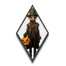 Spooky child scarecrow with glowing eyes Canvas Embossed Print holding jack-o-lantern in creepy Victorian Diamond Shaped Art