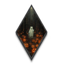 Spooky white cat ghost surrounded by jack-o-lanterns in forest Diamond Shaped Art Canvas Art Print Halloween gothic dark decor