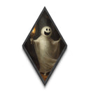 Smiling ghost with pumpkin face holding torch in woods Diamond Shaped Art Canvas Embossed Print whimsical Halloween spooky art