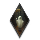 Cute Smiling Ghost in Misty Woods Diamond Shaped Art with Umbrella Dark Academia Aesthetic Canvas Embossed Print Halloween Wall Art