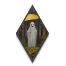 Rainy Day Ghost Diamond Shaped Art Holding Yellow Umbrella Canvas Embossed Print Autumn Halloween Forest Home Decor Spooky Cute