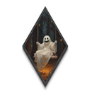 Diamond Shaped Art ghost on swing in haunted forest, Halloween Canvas Embossed Print with gothic autumn aesthetic and jack-o-lanterns