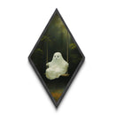 Cozy ghost swinging over forest pond in moonlight glow, Diamond Shaped Art Halloween Canvas Art Print with enchanted fall forest