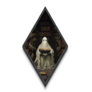 Ghost in Library Reading Surrounded by Tomes Diamond Shaped Art Canvas Embossed Print Gothic Halloween Dark Academia Wall Decor