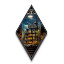Victorian Haunted Mansion at Dusk Diamond Shaped Art Canvas Embossed Print with glowing windows gothic Halloween decor