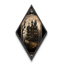 Spooky Gothic House in the Woods Diamond Shaped Art Canvas Art Print with bats, dead trees, and eerie lighting Halloween aesthetic