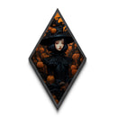 Goth Girl Witch with Pumpkins Diamond Shaped Art Canvas Embossed Print Halloween Aesthetic Victorian Wall Decor Dark Fantasy