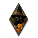 Black Cat With a Witch's Hat, Diamond Shaped Canvas Art Print, Halloween Painting Decor