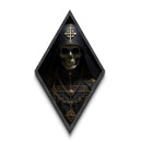 Hooded Skeleton Monk with Relics Diamond Shaped Art Canvas Embossed Print Dark Religious Gothic Halloween Wall Display